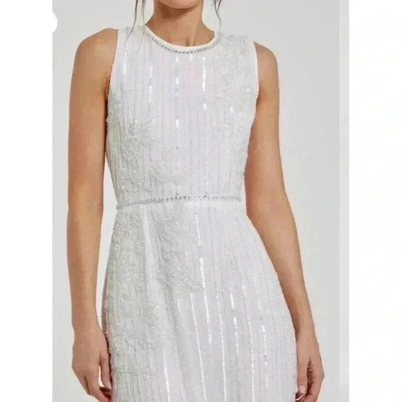 MAC DUGGAL 70260 STRIPED FLORAL EMBELLISHED SLEEVELESS WHITE MIDI DRESS 8 - Picture 6 of 11